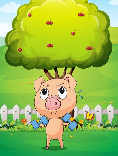行使樱桃树附近一个胖猪 — 图库矢量图片
