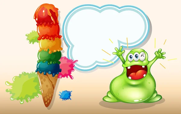 Un monstruo verde y gordo gritando cerca del helado gigante — Vector de stock