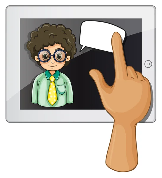 A finger touching the gadget with a curly-haired man — Stock Vector