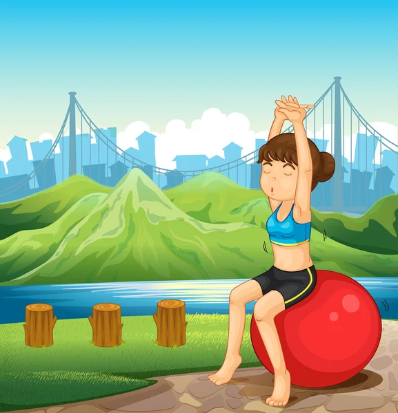 A girl exercising near the river across the mountains — Stock Vector