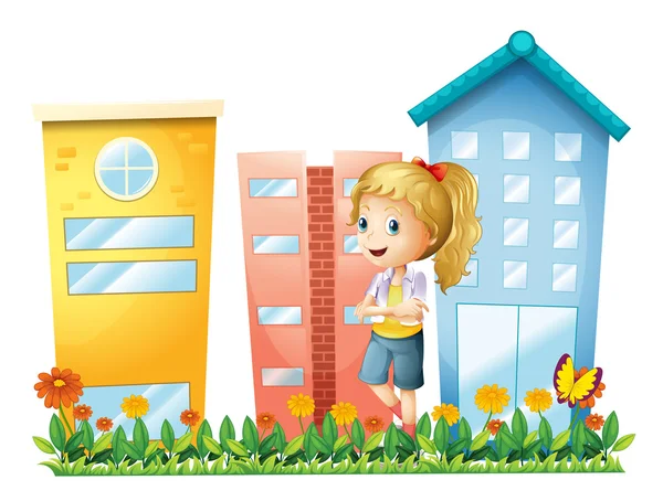 A girl in front of the buildings with a garden — Stock Vector