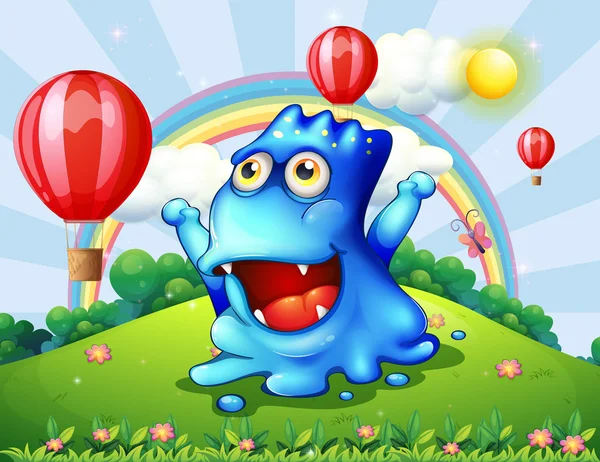 A happy blue monster at the hilltop with the floating balloons — Stock Vector