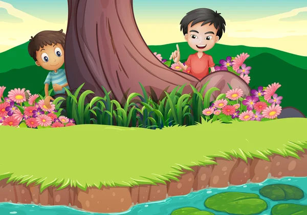 Dwóch chłopców ukrywających w drzewie Ilustracje Stockowe bez tantiem