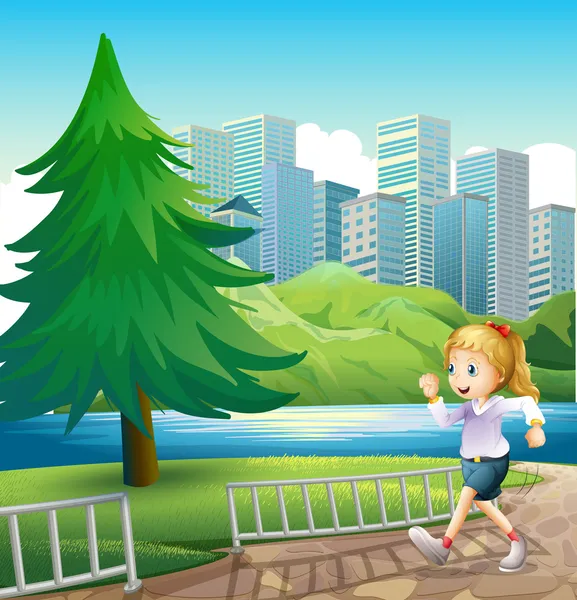 A girl running at the riverbank with a tall pine tree — Stock Illustration A girl running at the riverbank with a tall pine tree Vector Graphics