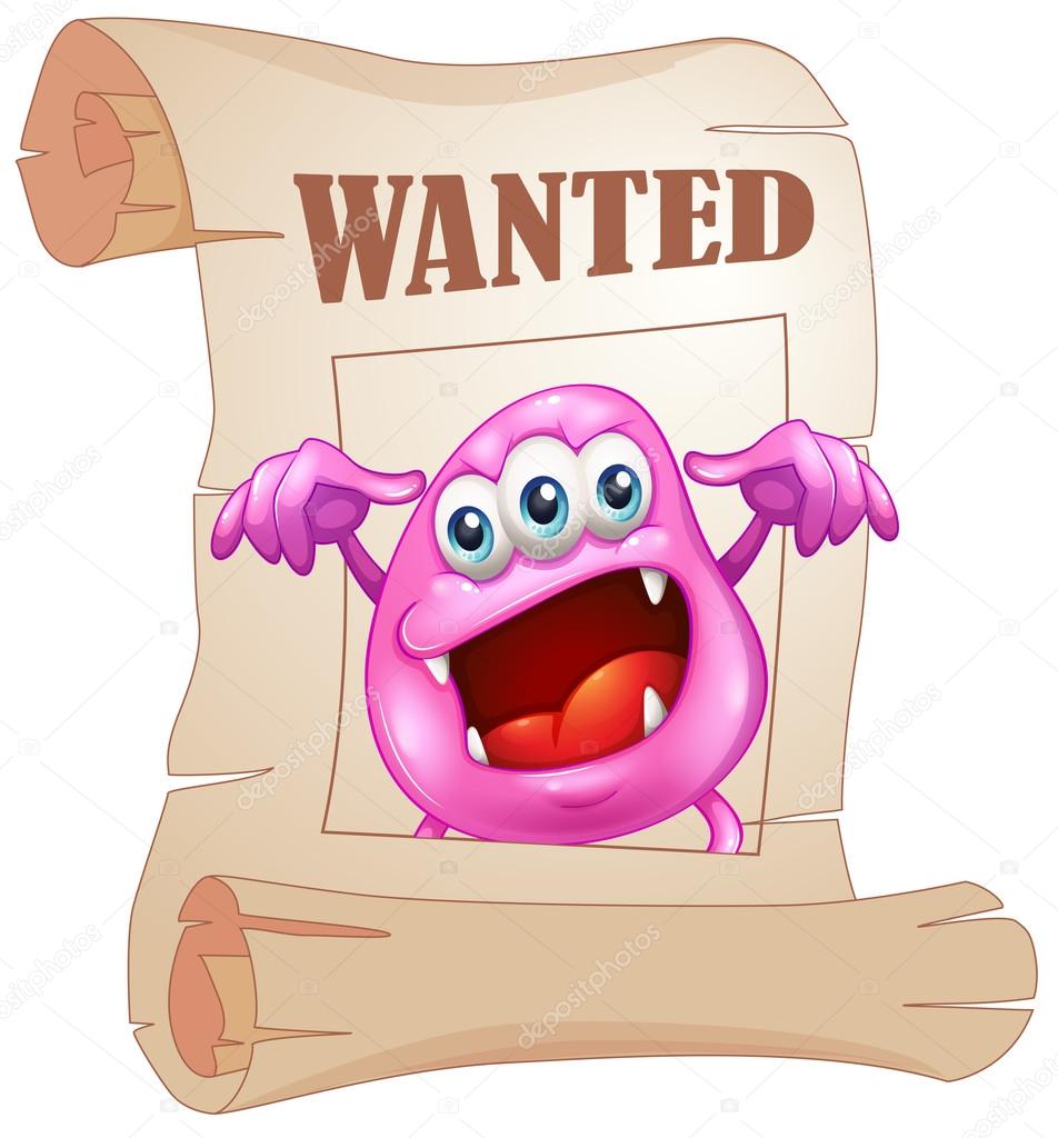 A pink monster in a wanted poster
