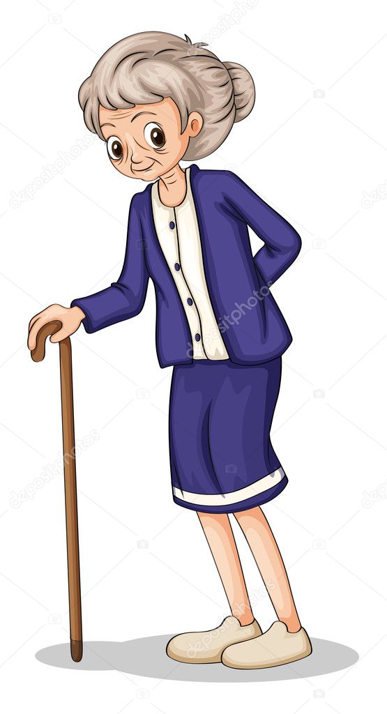 An old woman using a wooden cane