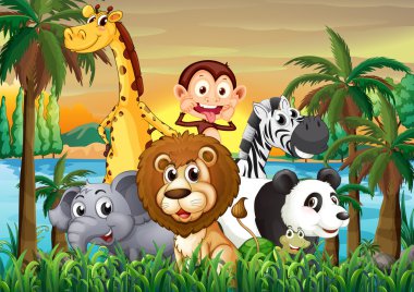 A group of animals at the riverbank with coconut trees clipart