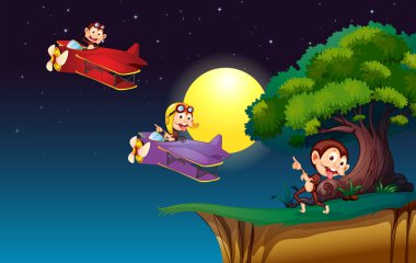 Monkeys on a plane flying near the cliff clipart