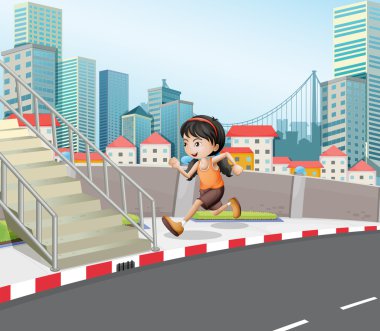 Street merdivenlerin yanında çalışan kız