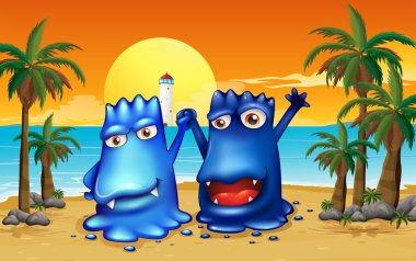 Two monsters at the beach with palm trees clipart