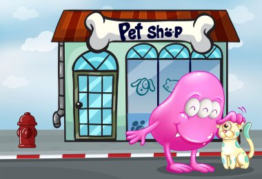 pembe bere canavar ve bir pet pet shop önünde