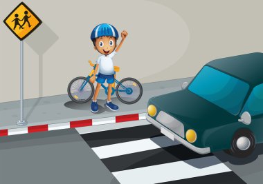 yaya lane yakınındaki bir bisiklet konumu olan bir çocuk