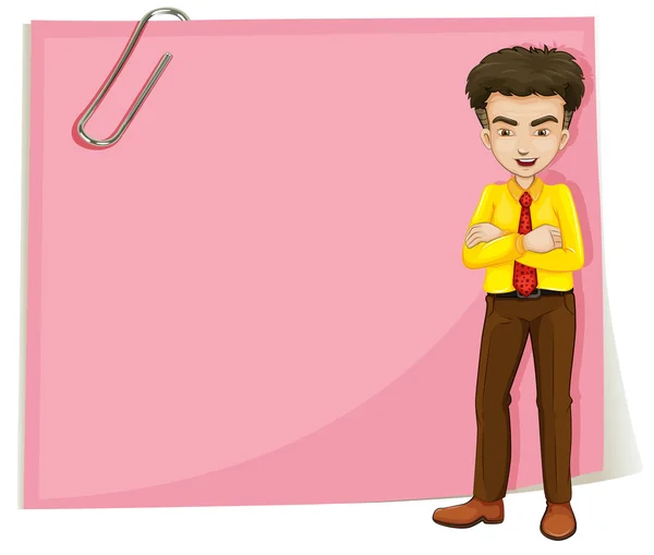 Un uomo davanti a un modello rosa vuoto con una graffetta — Vettoriale Stock