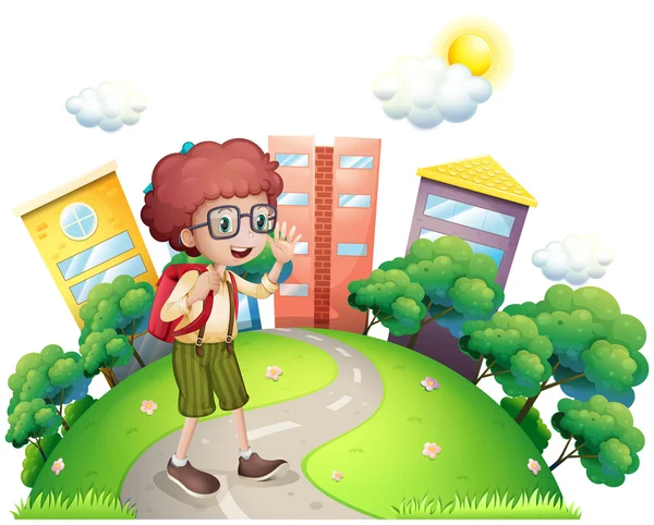 A schoolboy waving while walking at the road — Stock Vector