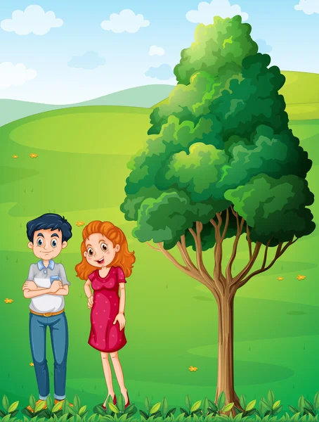 A mother and a father near the big tree at the hilltop — Stock Vector