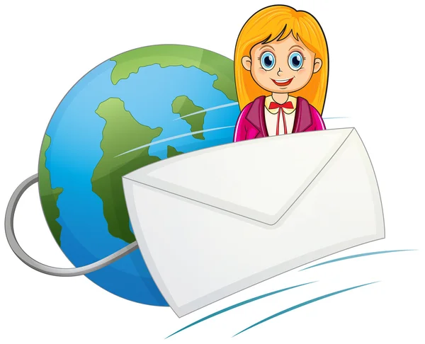 Obálku před usměvavá dívka s koulí na bacバクで世界中で微笑んでいる女の子の前に封筒 — Stockový vektor