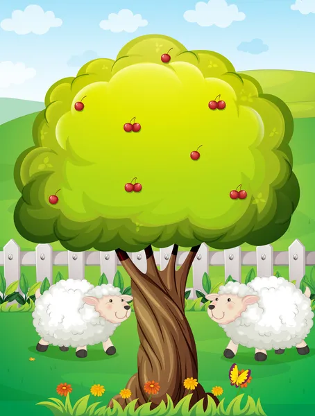 Owce wewnątrz ogrodzenia w pobliżu jabłoni — Wektor stockowy