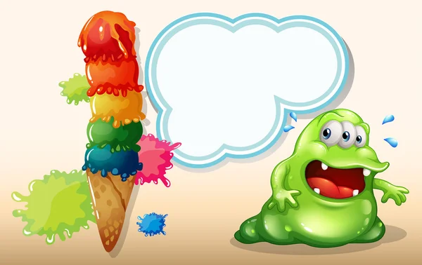 Un monstruo gordo sudoroso cerca del helado gigante — Vector de stock