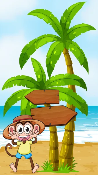 A monkey at the seashore near the wooden arrowboard — Stock Vector