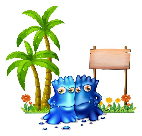 Two blue monsters standing in front of the empty board — Stock Vector