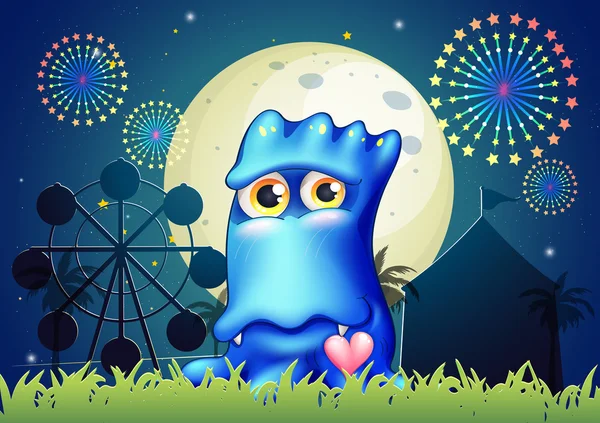 Um monstro azul perto da grama no carnaval — Vetor de Stock