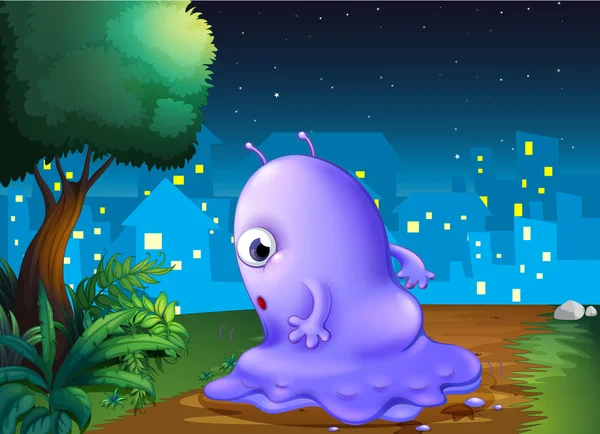 Фиолетовое чудовище гуляет посреди ночи — стоковый вектор