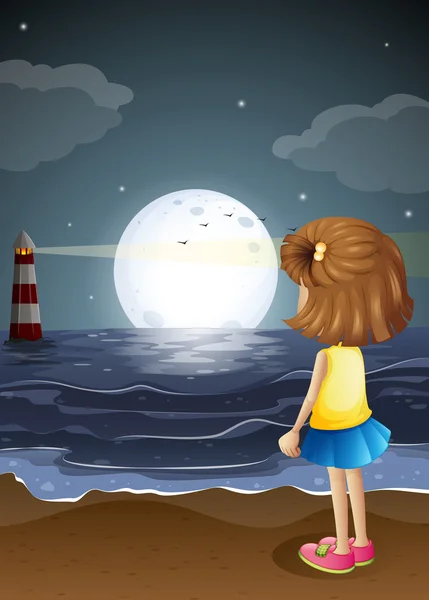 一个女孩在看海滩中的灯塔 — 图库矢量图片
