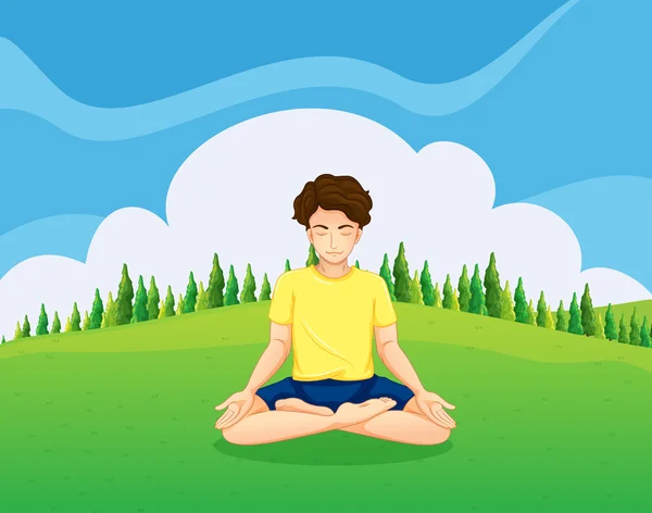 A young gentleman at the hilltop doing yoga — Stock Vector