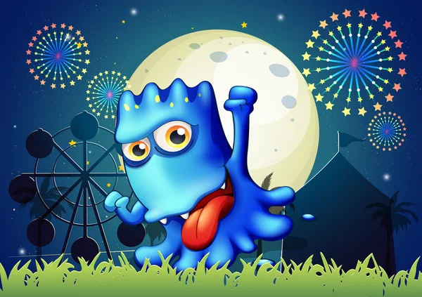 Un parque con un monstruo azul jactancioso — Vector de stock