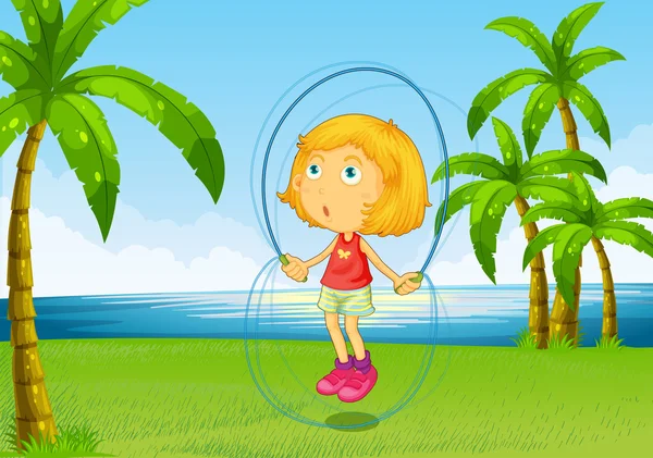 A girl playing skipping rope at the riverside — Stock Vector