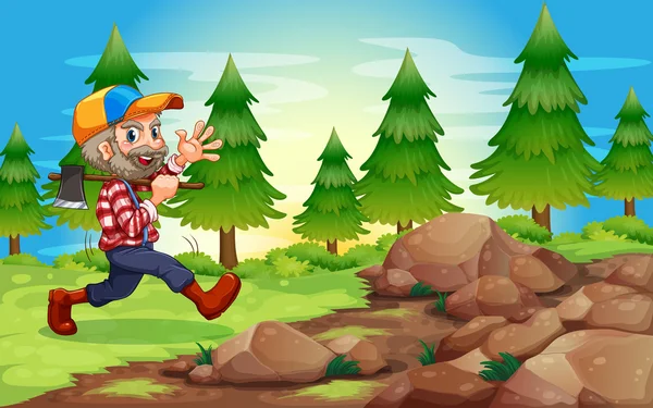 A cheerful lumberjack near the rocks — Stock Vector