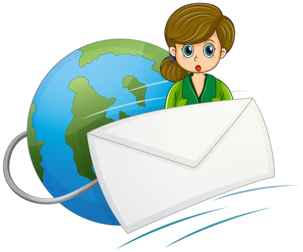 Uma rapariga na parte de trás do envelope perto do globo — Vetor de Stock