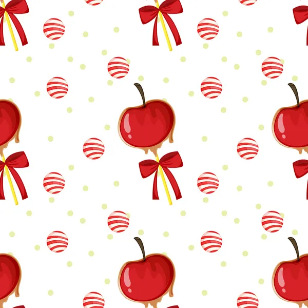 Bezproblémové šablona s jablky, candy míče a stuhy — Stockový vektor