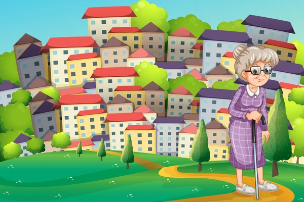 Een grootmoeder met een stok wandelen op de heuveltop — Stockvector
