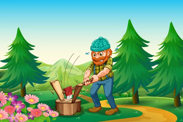 A hardworking woodman chopping the wood near the garden at the h — Stock Vector