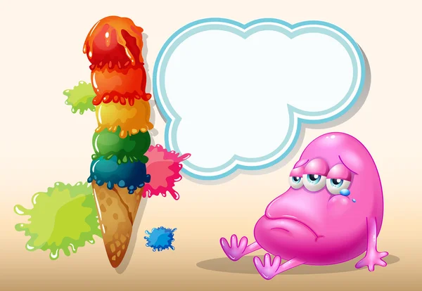 一个悲伤的豆豆怪物附近巨大的冰淇淋 — 图库矢量图片