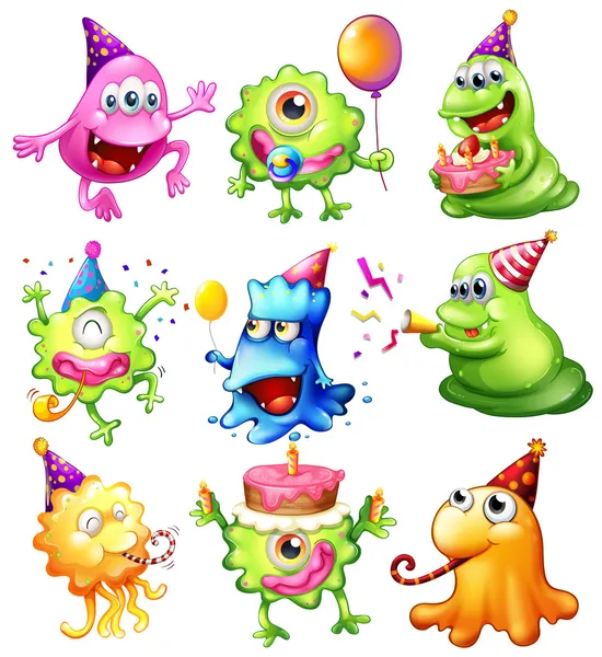 Glückliche Monster feiern einen Geburtstag — Stockvektor