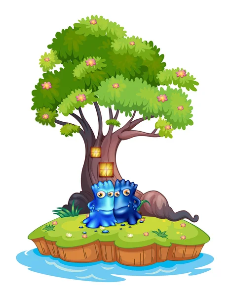 Two monsters near the tree house in the island — Stock Vector