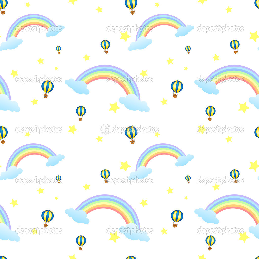 A seamless design with rainbows and floating balloons