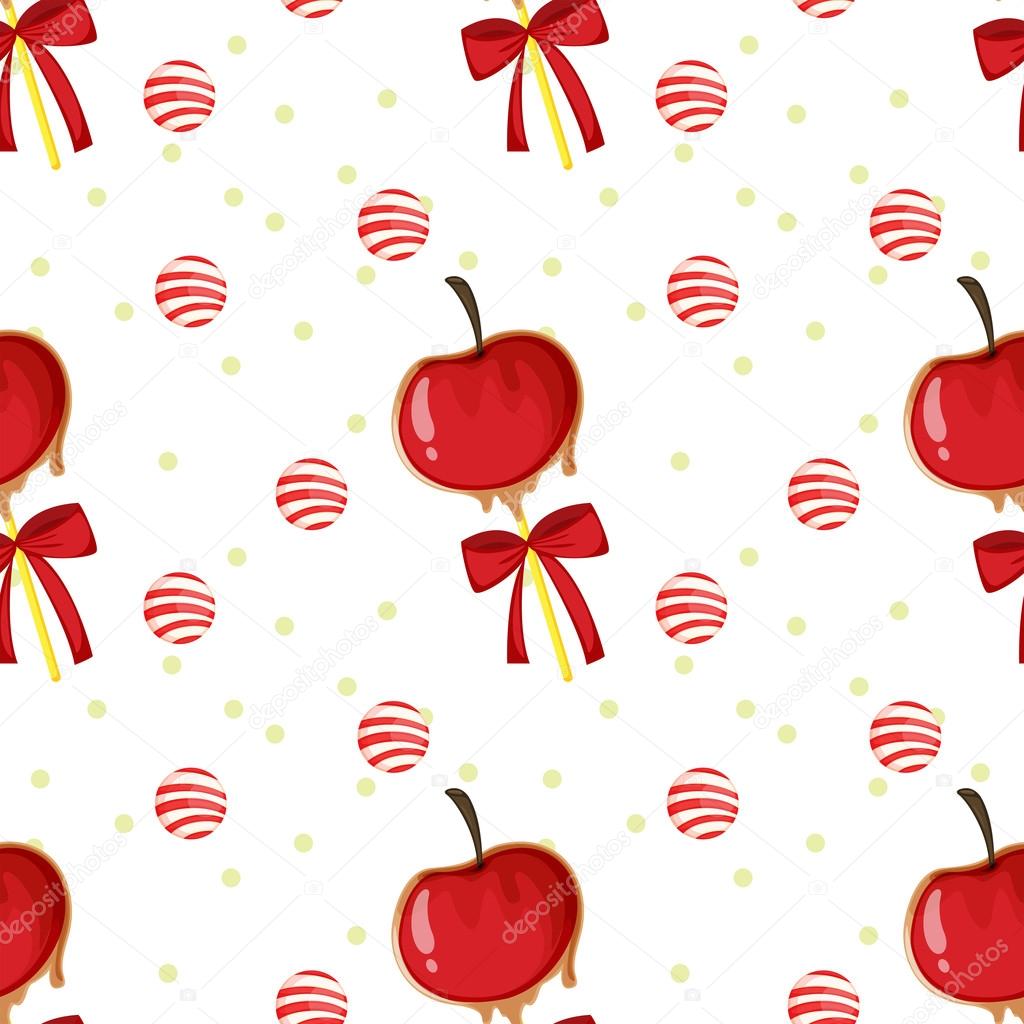 A seamless template with apples, candy balls and ribbons