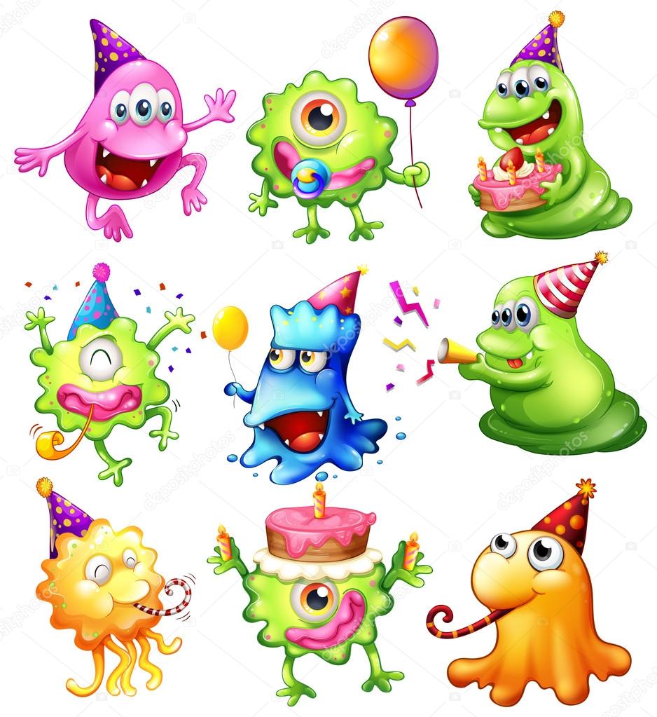 Happy monsters celebrating a birthday