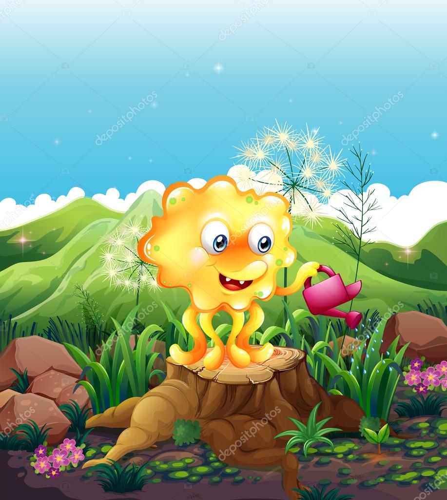 植物の水やりながら 切り株の上のモンスター立っています ストックベクター C Interactimages