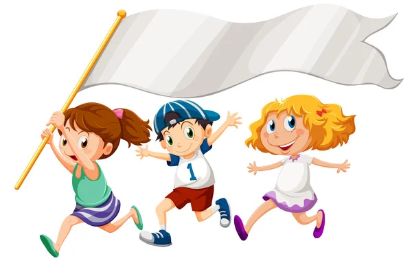 Three kids running with an empty banner — Stock Vector