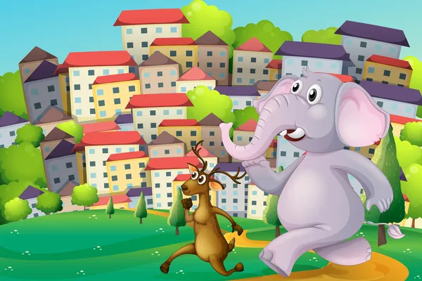 Un cerf et un éléphant courent au sommet de la colline à travers la haute butte — Image vectorielle