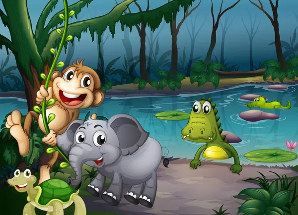Животные играют в лесу рядом с прудом с крокодилами — стоковый вектор