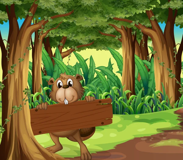 Una foresta con un castoro che tiene una tavola vuota sotto l'albero — Vettoriale Stock