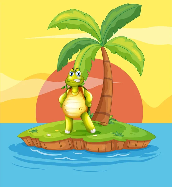 An island with a stranded turtle near the coconut tree — Stock Vector