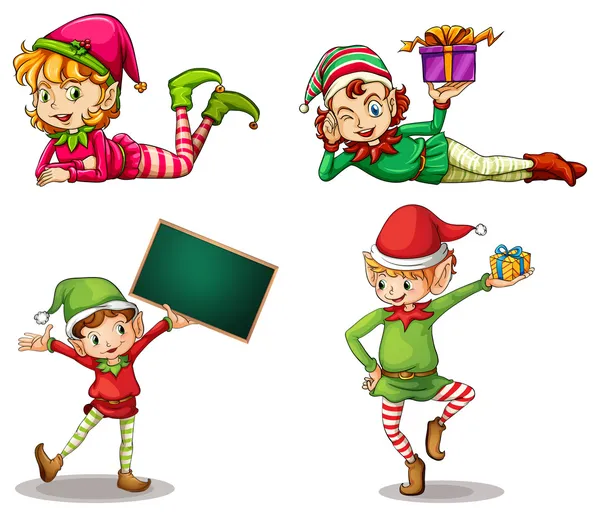Dwarves wearing hats for christmas and an empty signboard — Stock Vector