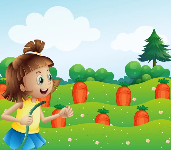Ένα ευτυχισμένο κορίτσι πότισμα τα καρότα στο αγρόκτημα — Διανυσματικό Αρχείο