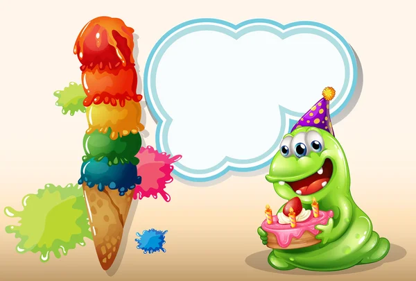 Un monstruo feliz sosteniendo un pastel cerca del helado grande — Vector de stock